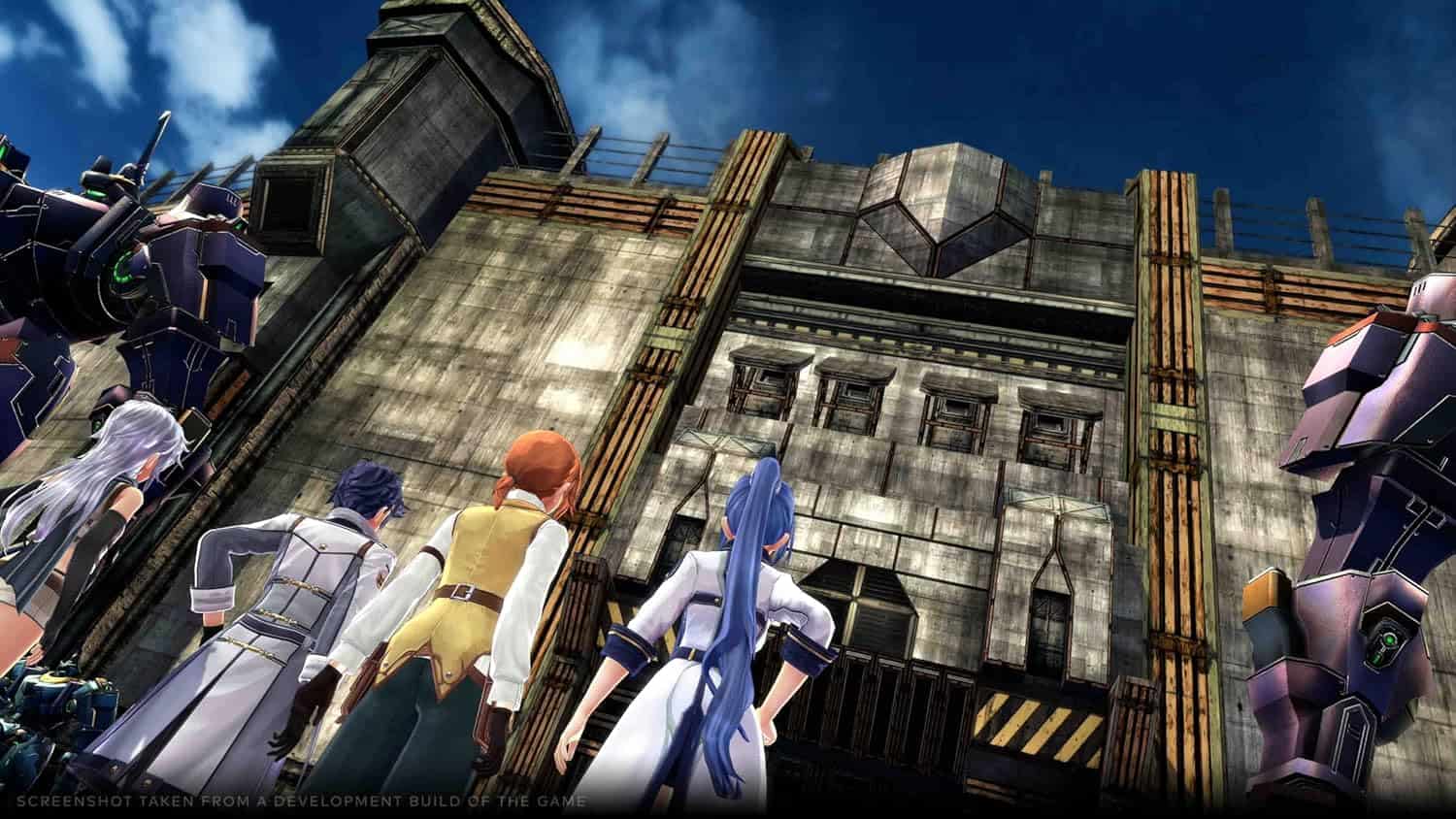 Intense mecha combat scene with futuristic robots and soldiers in front of a massive industrial buil.