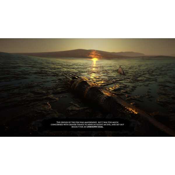 A haunting sunset over a desolate landscape with a submerged, rusted object in the water.