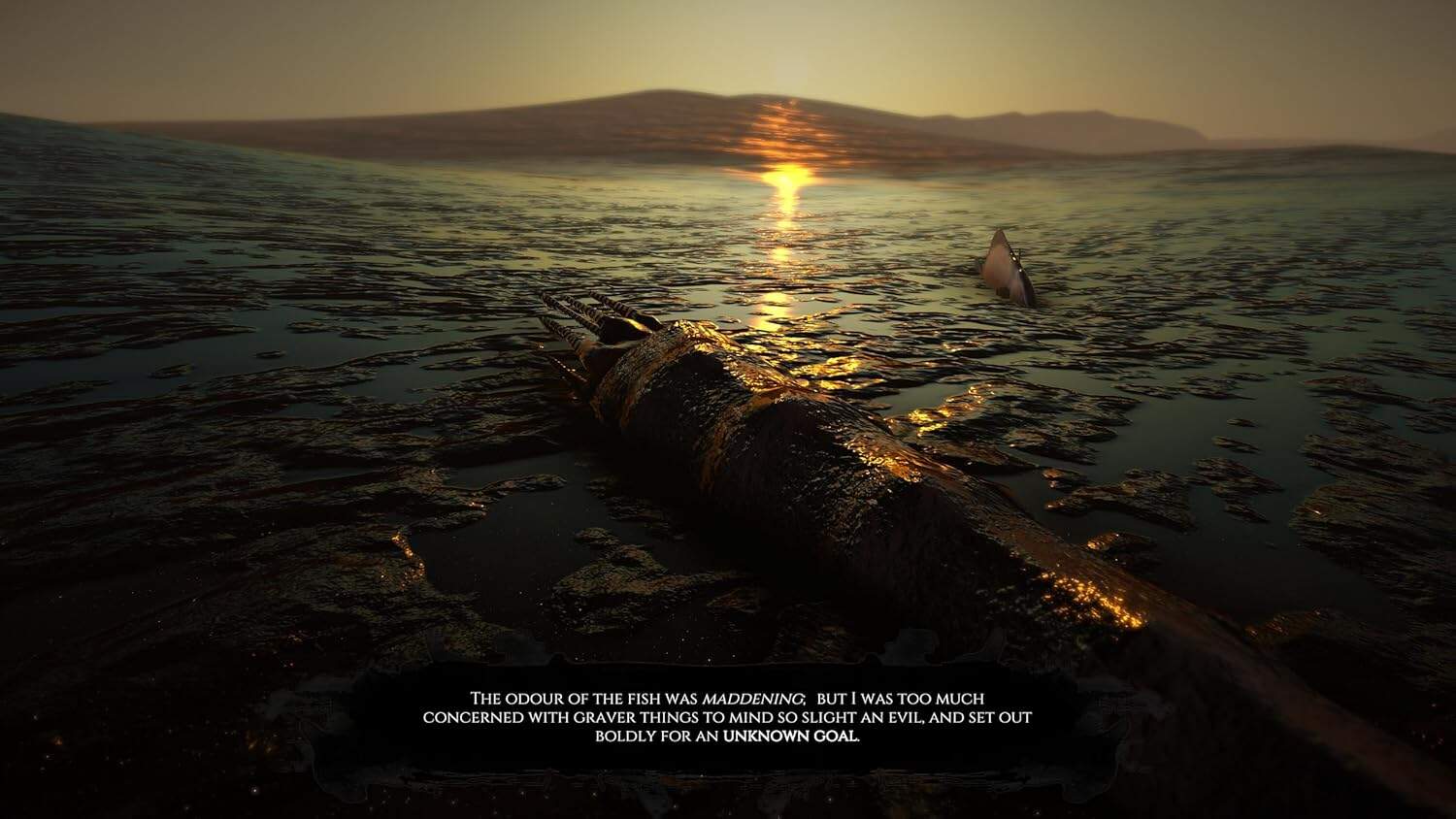 A haunting sunset over a desolate landscape with a submerged, rusted object in the water.