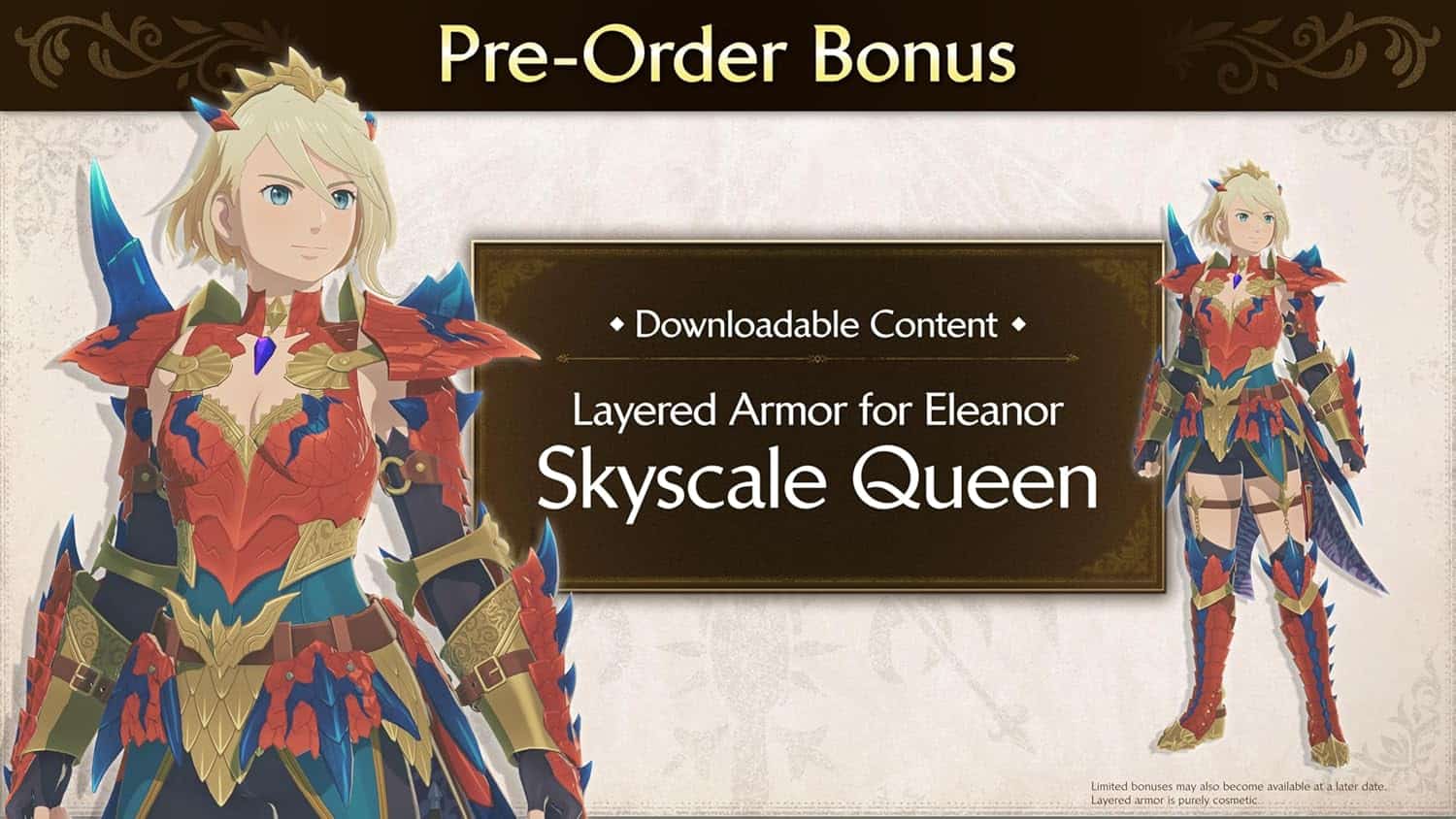 Monster Hunter Stories 3 Skyscale Queen armor in vibrant colors.