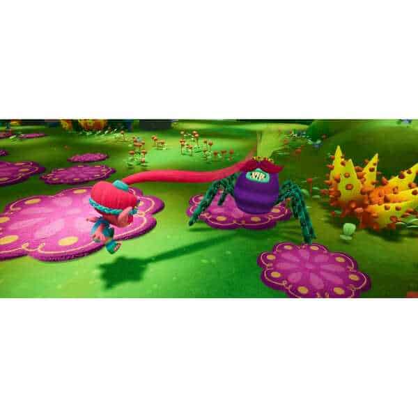 Fantasy creature interacting with a giant purple spider in a whimsical, colorful environment.
