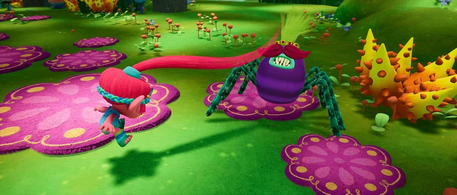 Fantasy creature interacting with a giant purple spider in a whimsical, colorful environment.