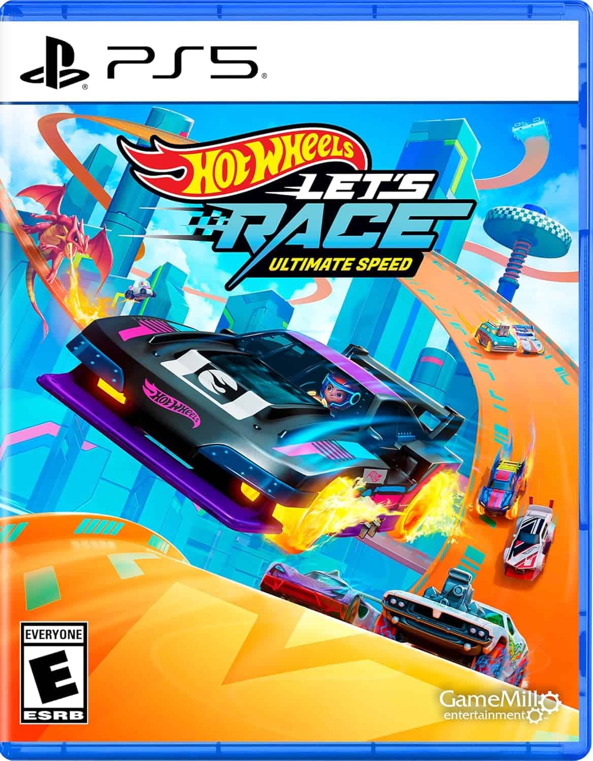 Hot Wheels Let's Race PS5 game cover with racing cars and vibrant track scene.