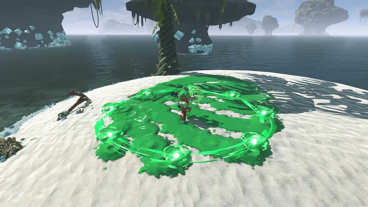 In-game screenshot of a character surrounded by green energy in Splatoon Raiders.