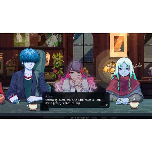 Anime characters enjoying coffee in a cozy cafe setting.