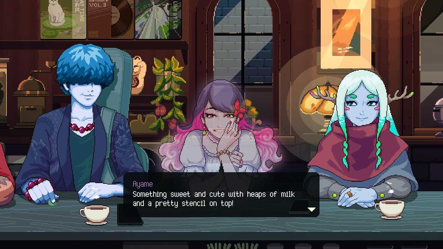 Anime characters enjoying coffee in a cozy cafe setting.