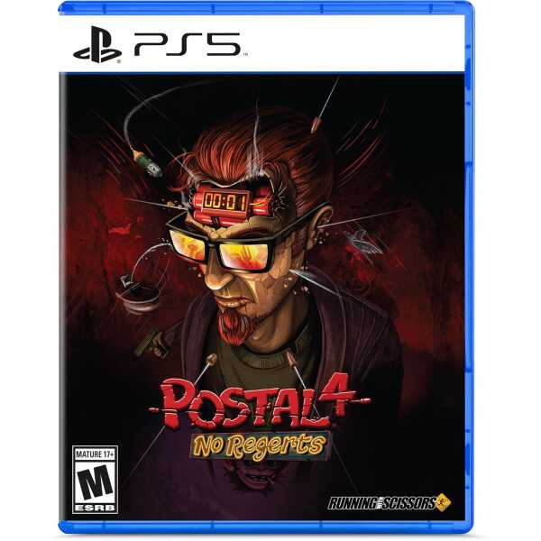 Postal 4 No Regerts PS5 game cover with a cyberpunk character and intense design.