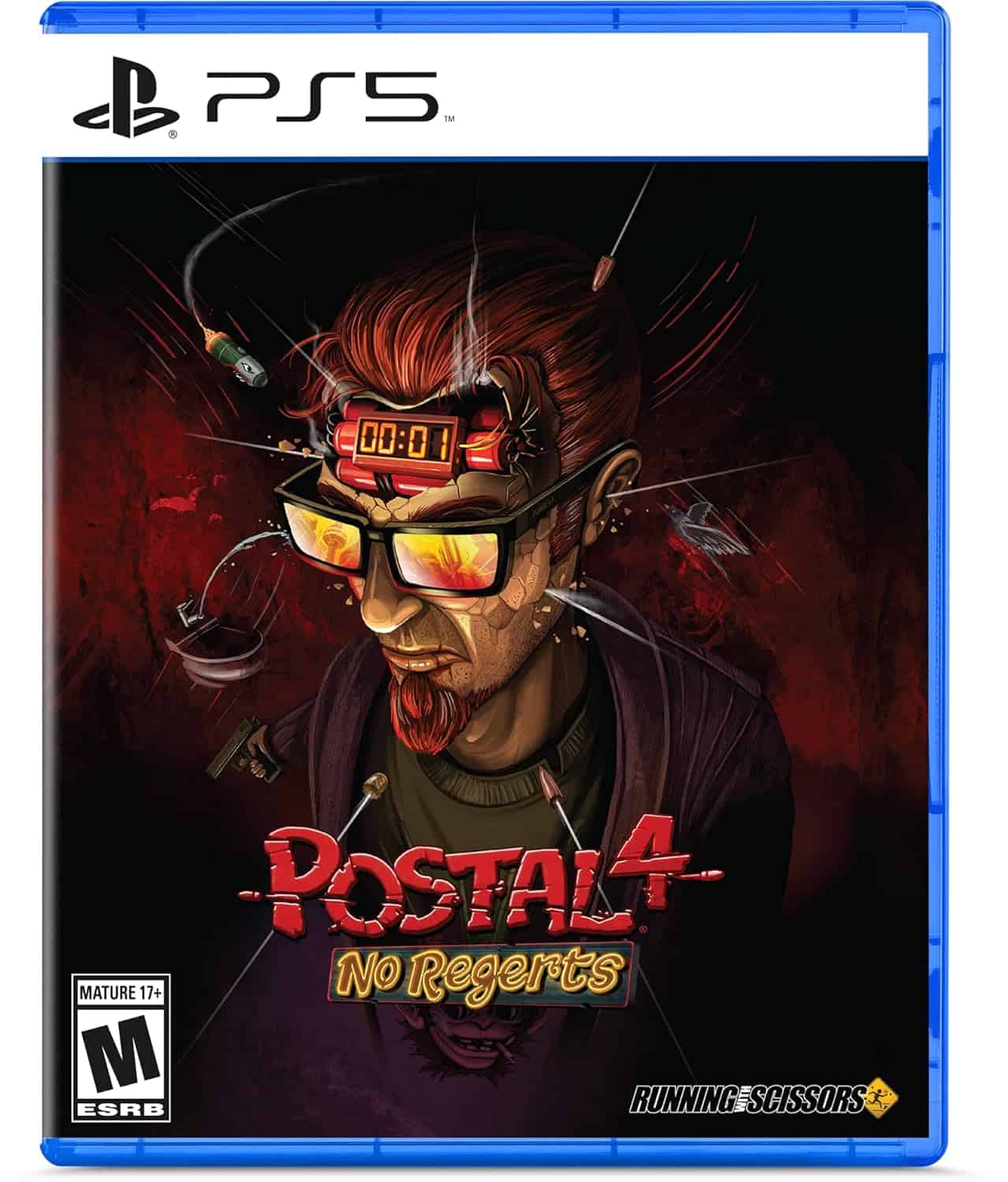 Postal 4 No Regerts PS5 game cover with a cyberpunk character and intense design.