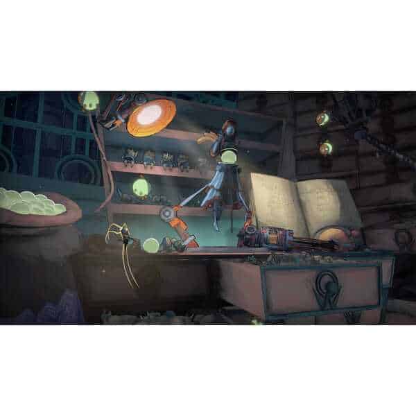 A robot working in a futuristic workshop with glowing orbs and technical equipment.