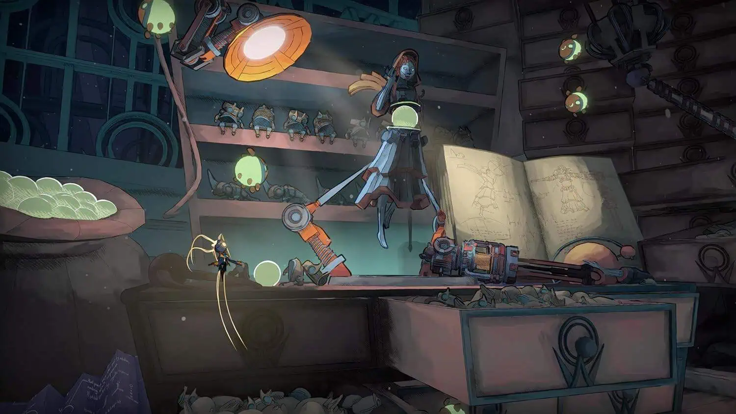 A robot working in a futuristic workshop with glowing orbs and technical equipment.