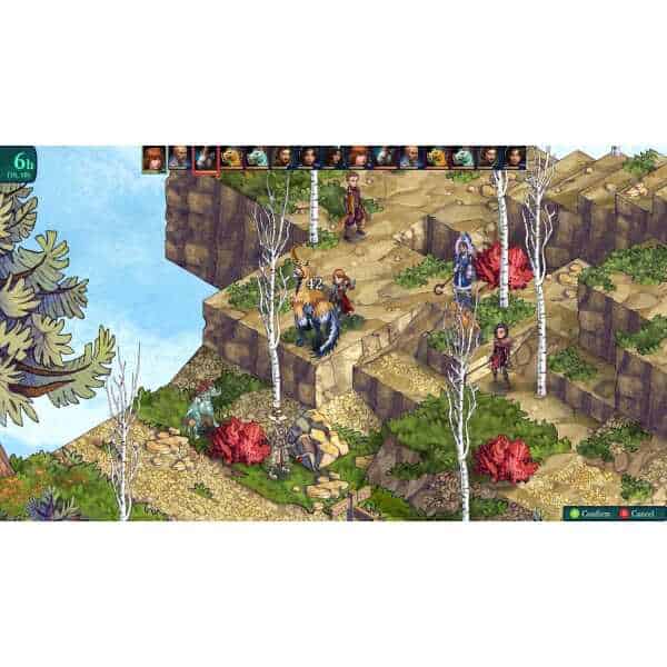 Fantasy RPG battle with characters on a multi-level terrain.