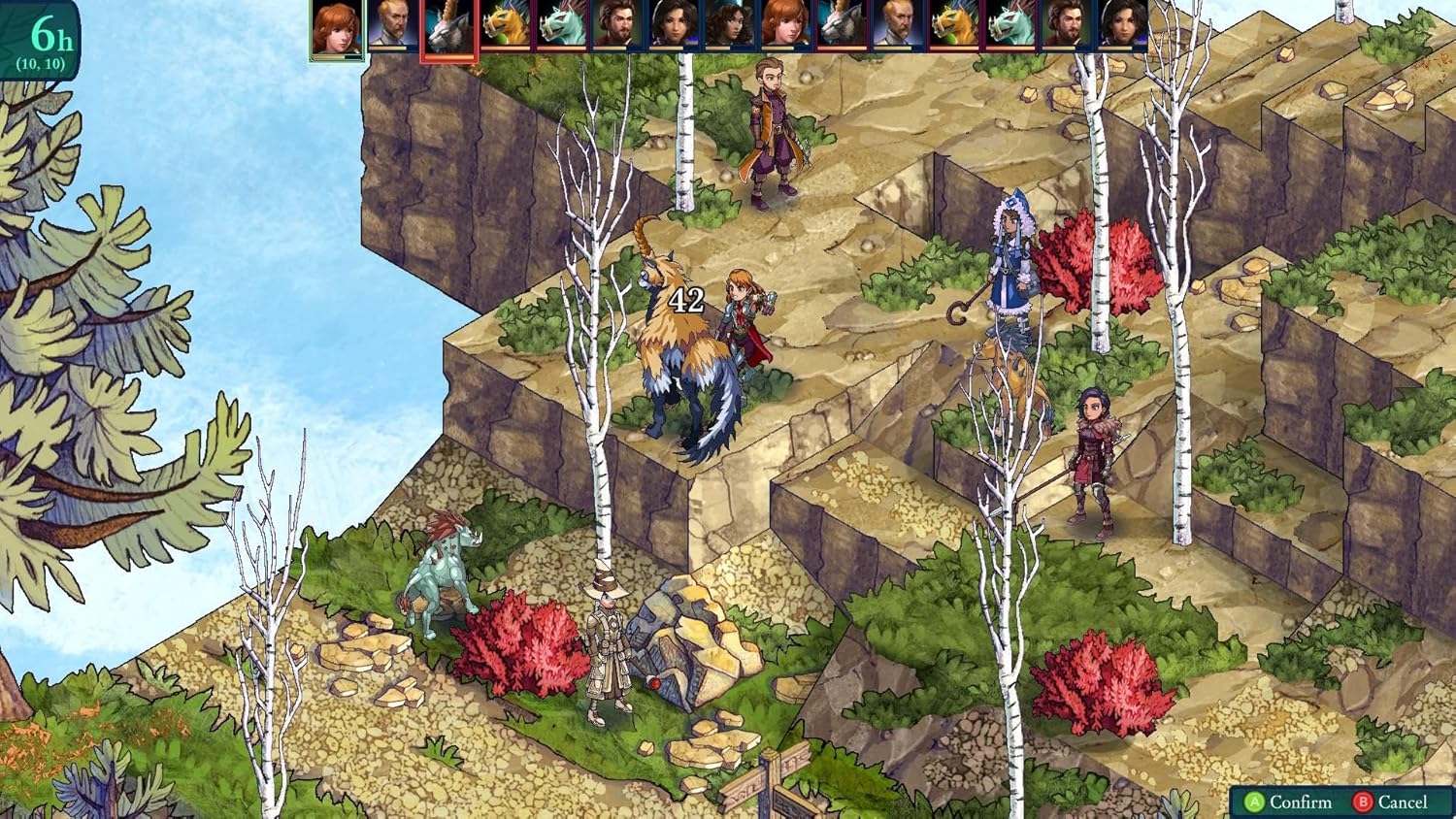 Fantasy RPG battle with characters on a multi-level terrain.