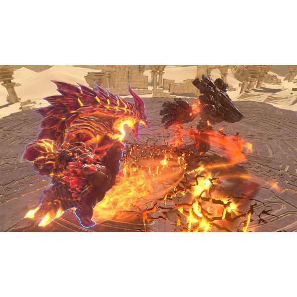 Intense battle between a fiery dragon and a robotic enemy in a fantasy game setting.