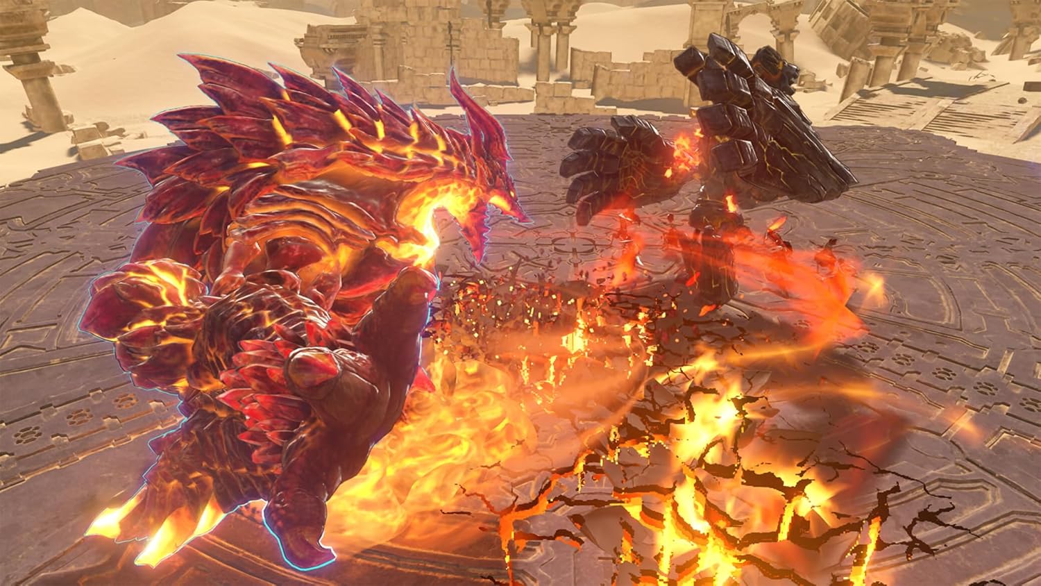 Intense battle between a fiery dragon and a robotic enemy in a fantasy game setting.