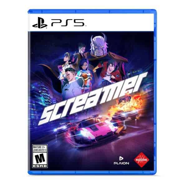 PS5 Screamer racing game cover with futuristic cars and characters.