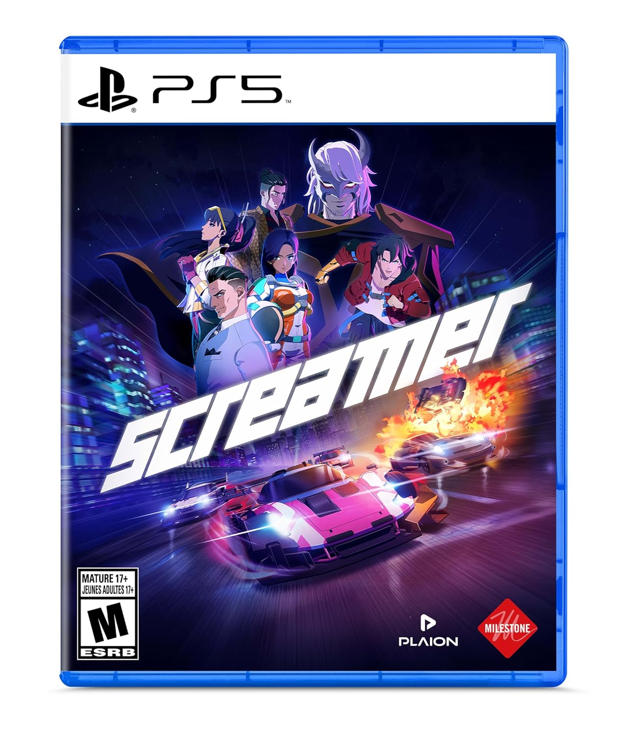 PS5 Screamer racing game cover with futuristic cars and characters.