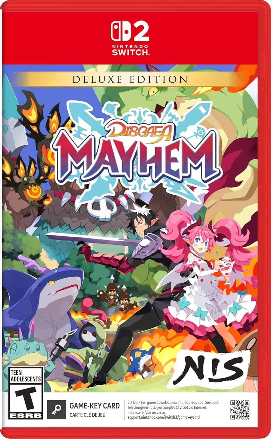 Nintendo Switch game cover for Disgaea Mayhem featuring colorful characters and fantasy artwork.