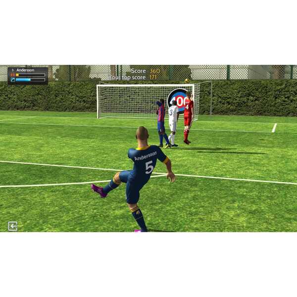 Soccer player kicking ball towards goal in a competitive match.