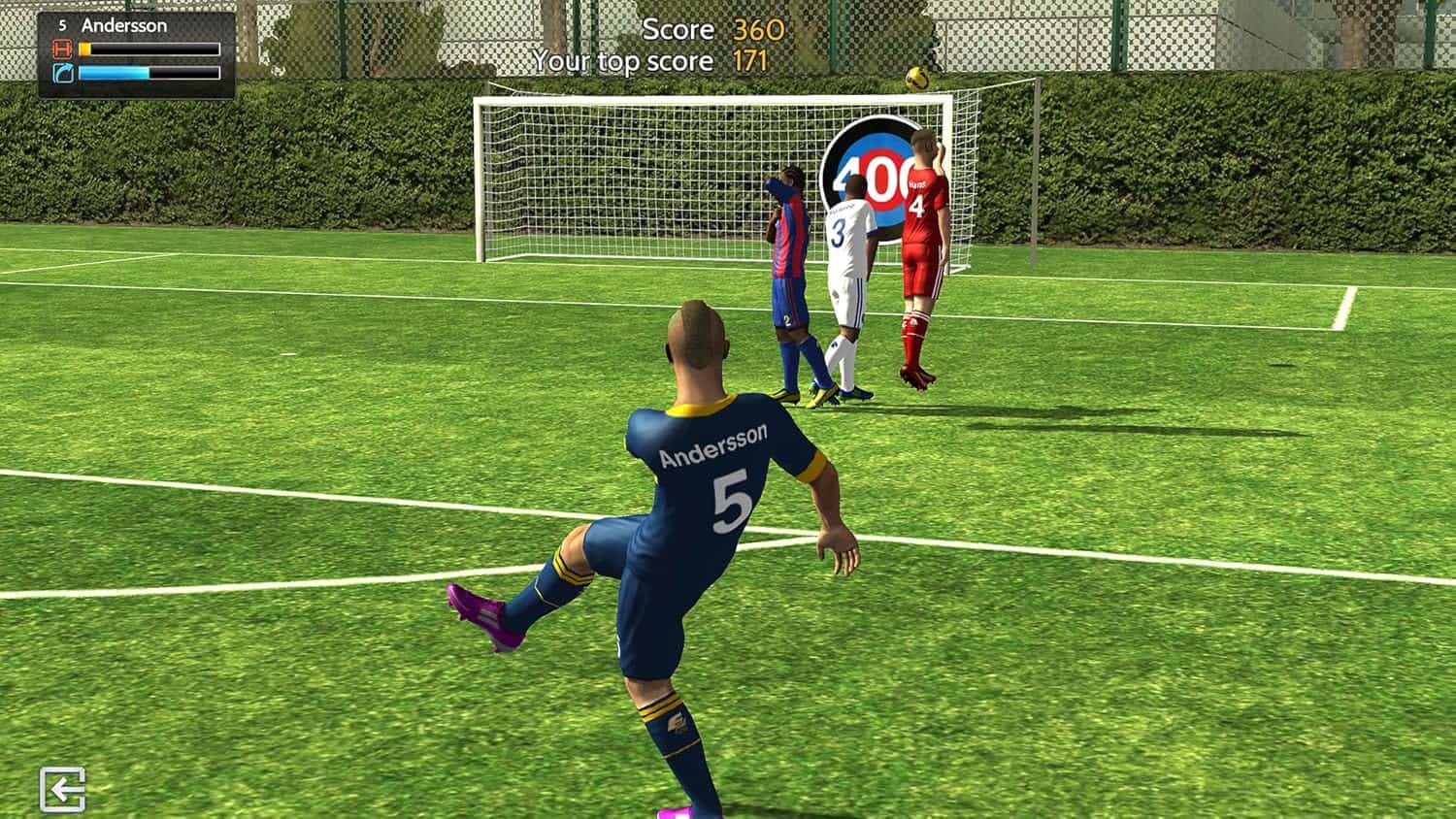 Soccer player kicking ball towards goal in a competitive match.