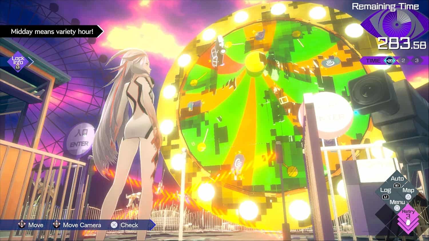 Kaname Date stands before a colorful, digital clock in a vibrant game environment.