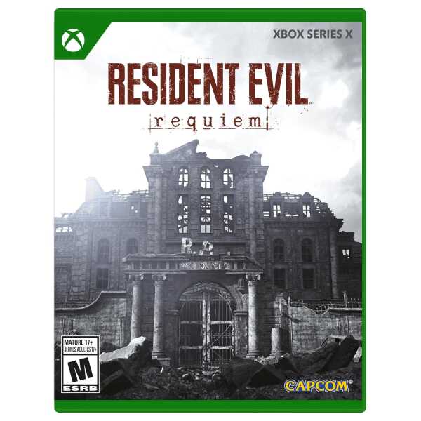 Resident Evil Requiem game cover with haunted mansion scene.