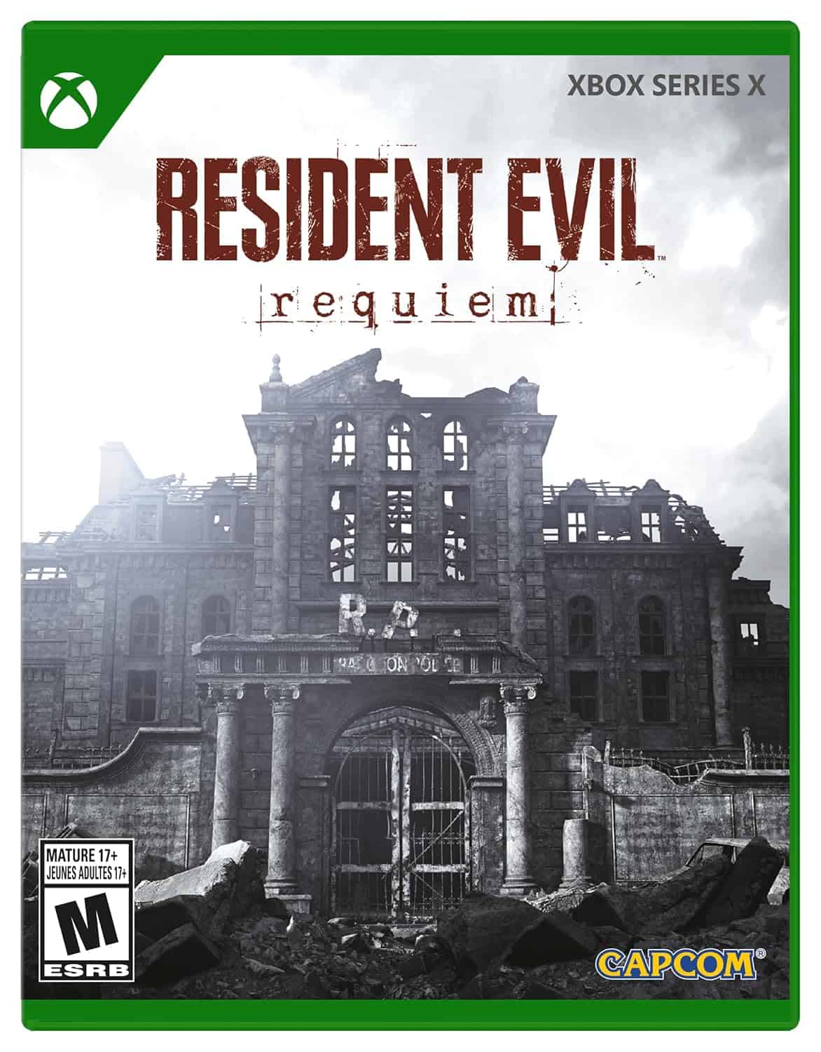Resident Evil Requiem game cover with haunted mansion scene.
