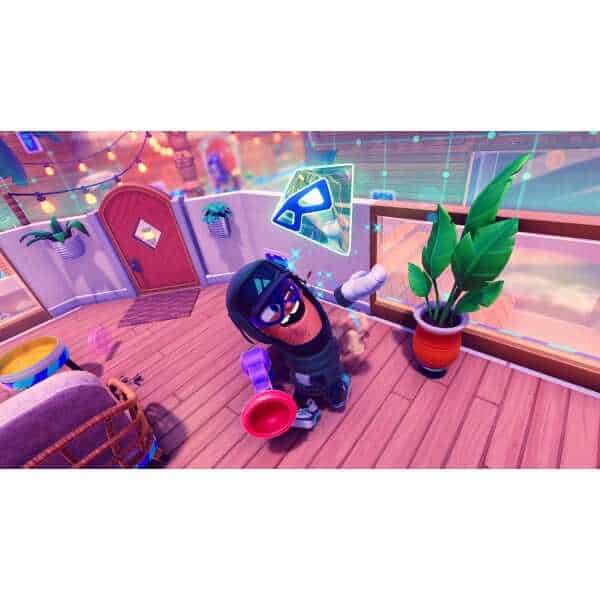 Vibrant digital illustration of a playful character navigating a colorful trap course.