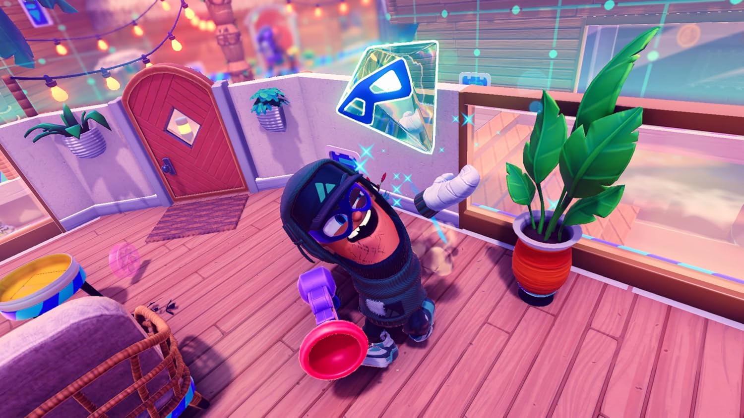 Vibrant digital illustration of a playful character navigating a colorful trap course.