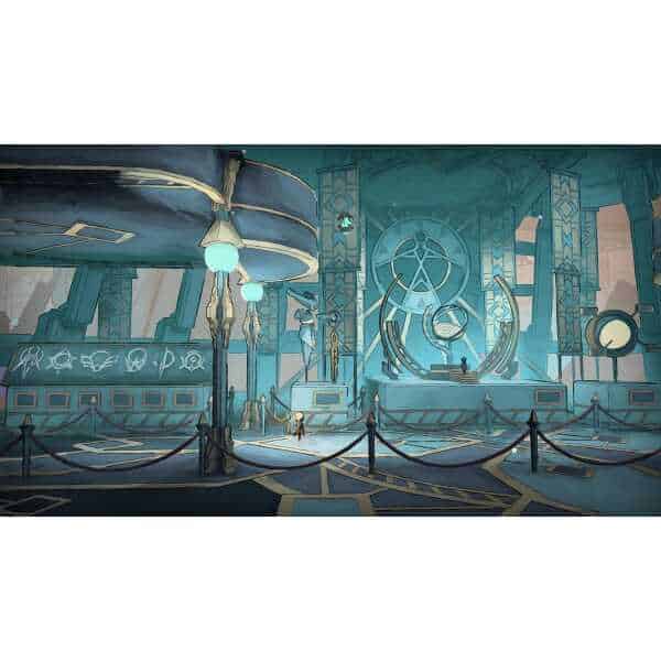 Interior of a futuristic space station with advanced technology and celestial symbols.