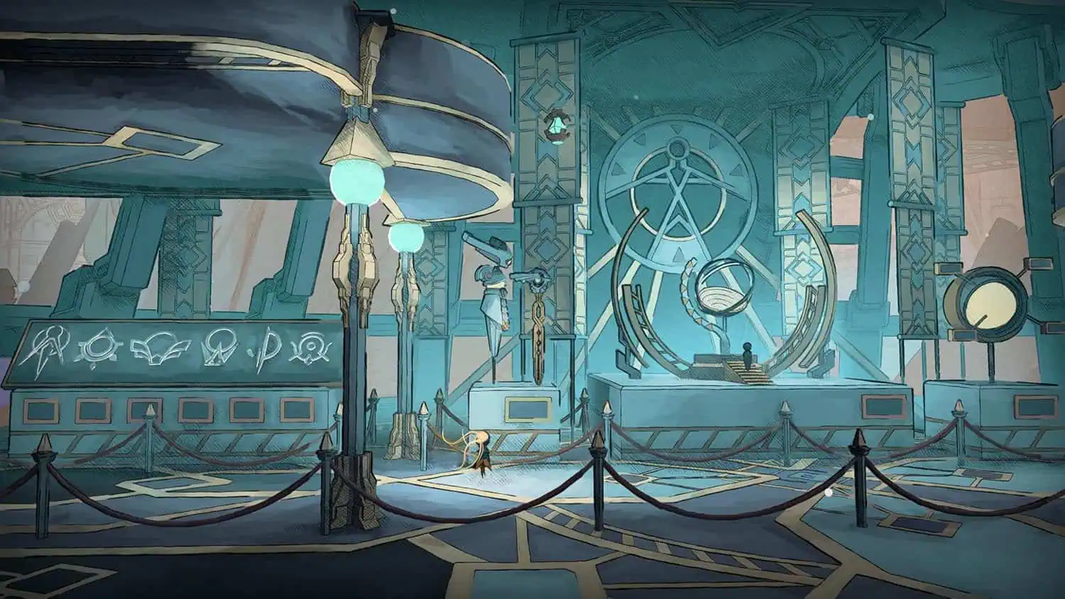 Interior of a futuristic space station with advanced technology and celestial symbols.