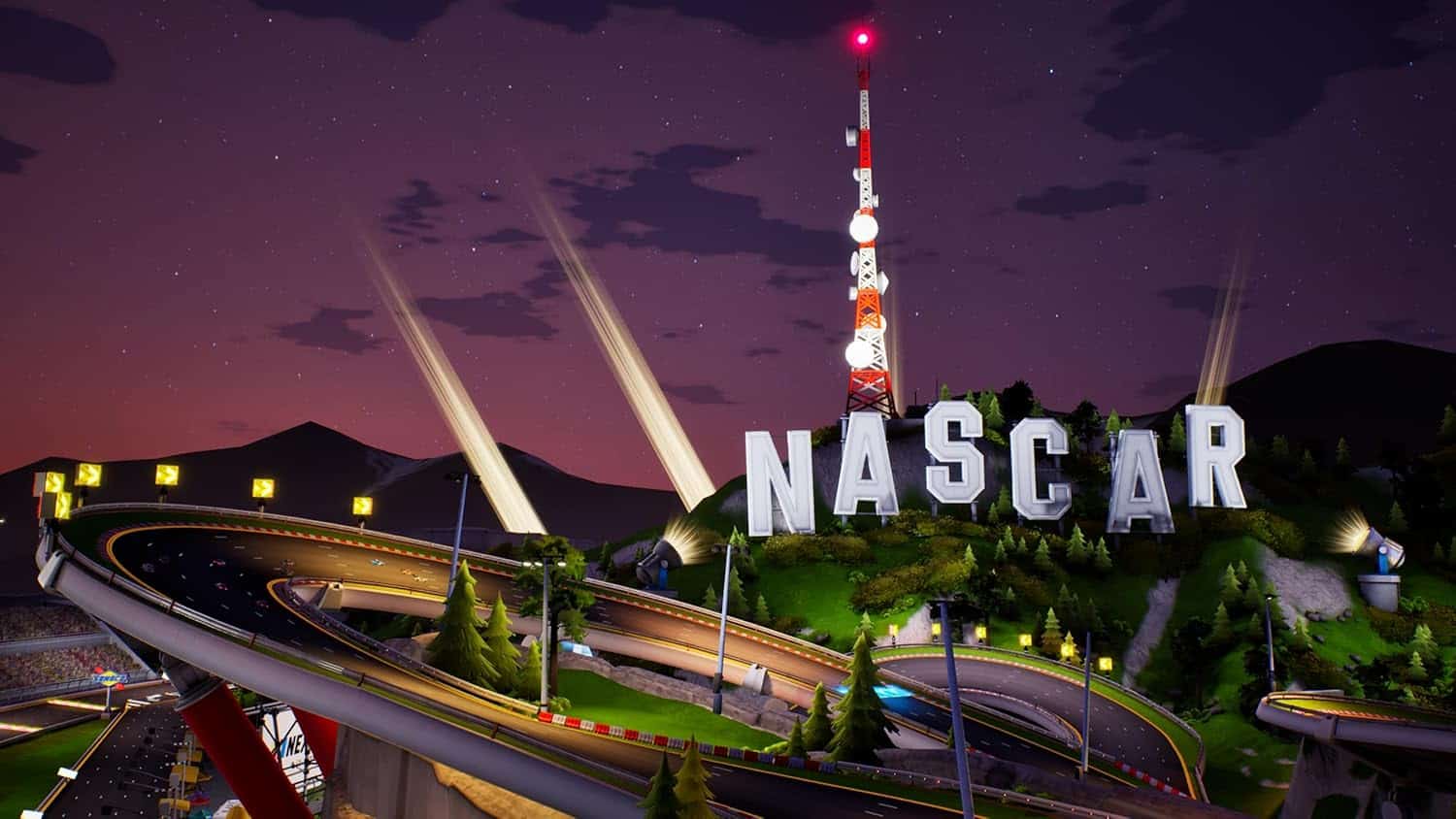 NASCAR night race illuminated with bright lights and racing track at dusk.