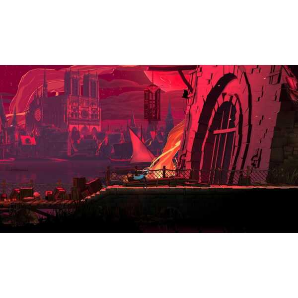 Dark fantasy scene from Castlevania with gothic architecture and fiery sky.
