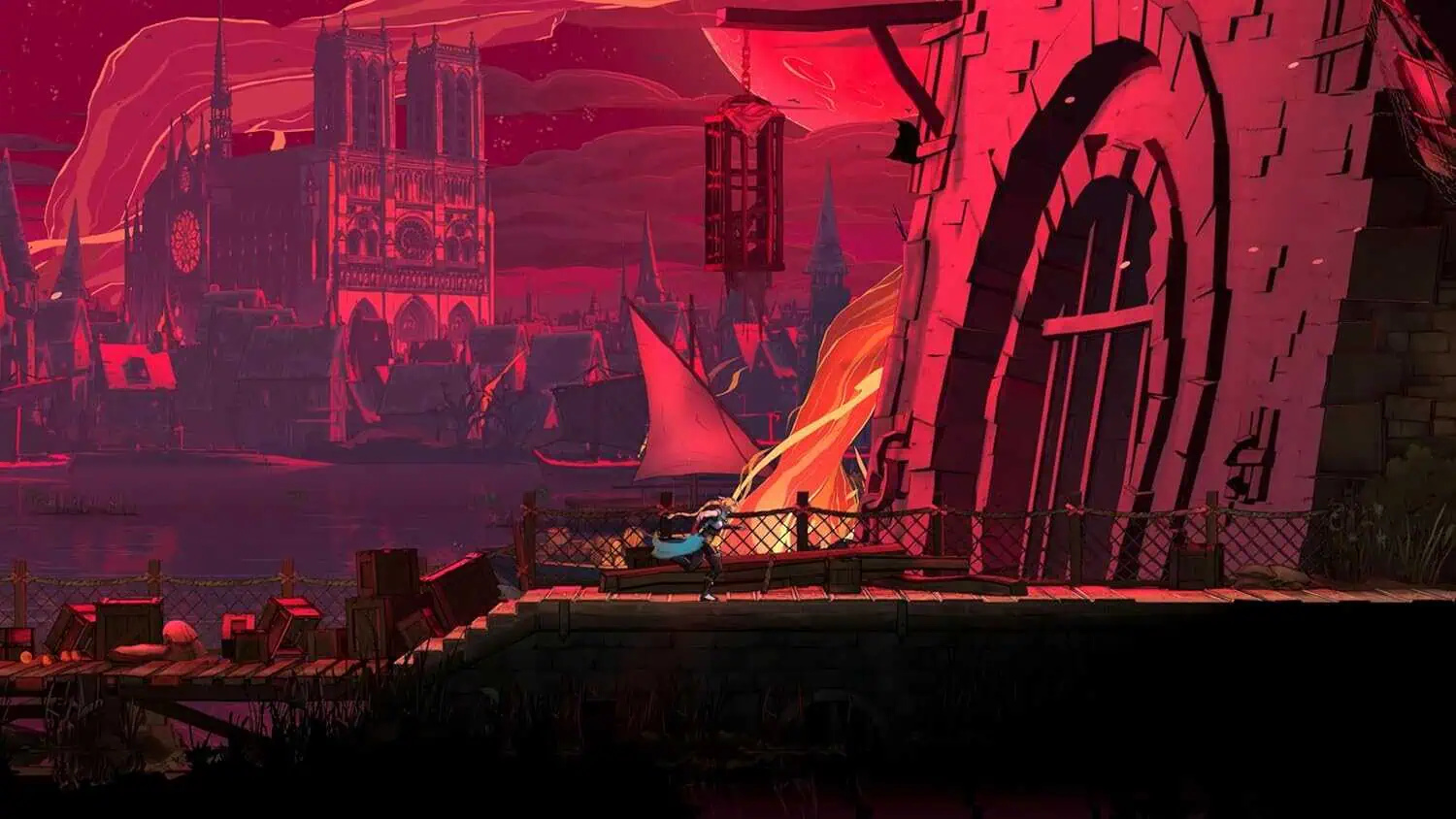 Dark fantasy scene from Castlevania with gothic architecture and fiery sky.