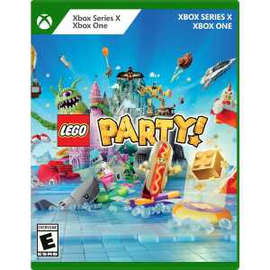 Vibrant LEGO-themed party scene with characters and toys for Xbox gaming.