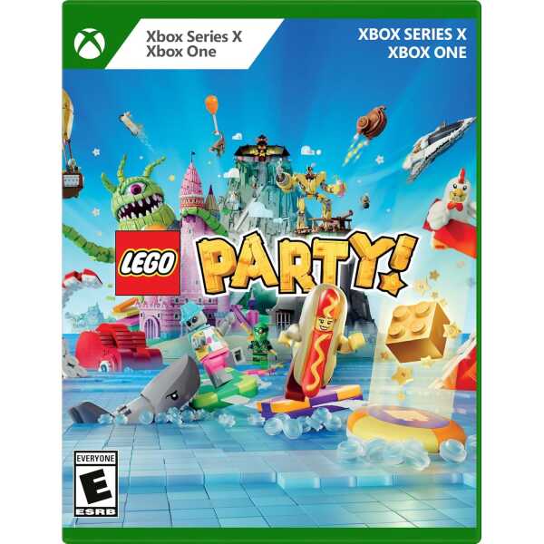 Vibrant LEGO-themed party scene with characters and toys for Xbox gaming.
