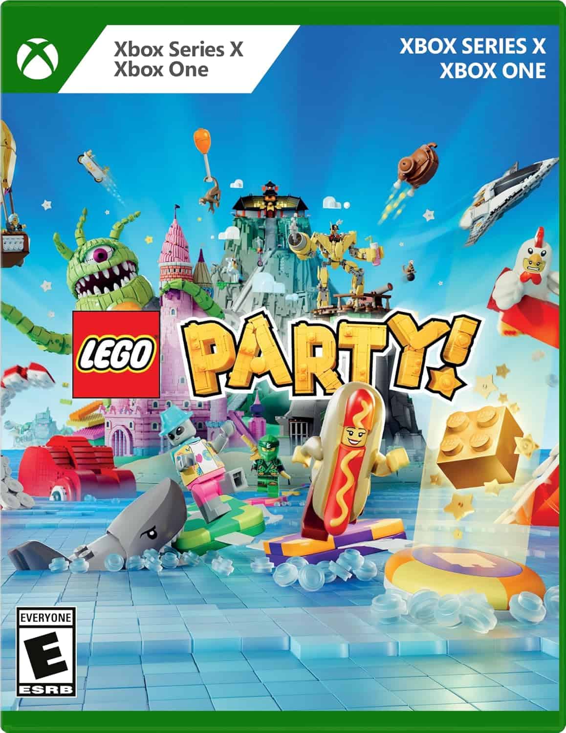 Vibrant LEGO-themed party scene with characters and toys for Xbox gaming.