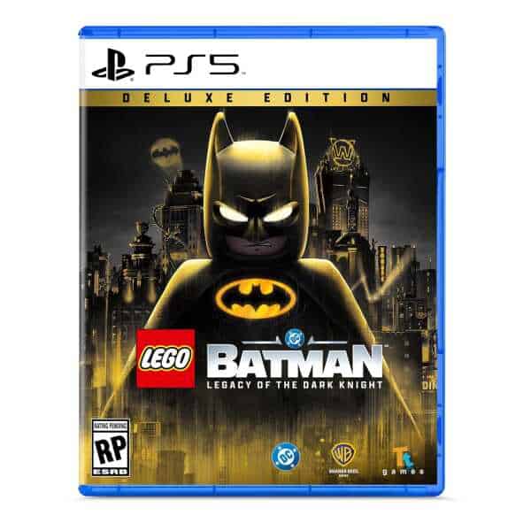 LEGO Batman game cover with Dark Knight mask and Gotham City background.