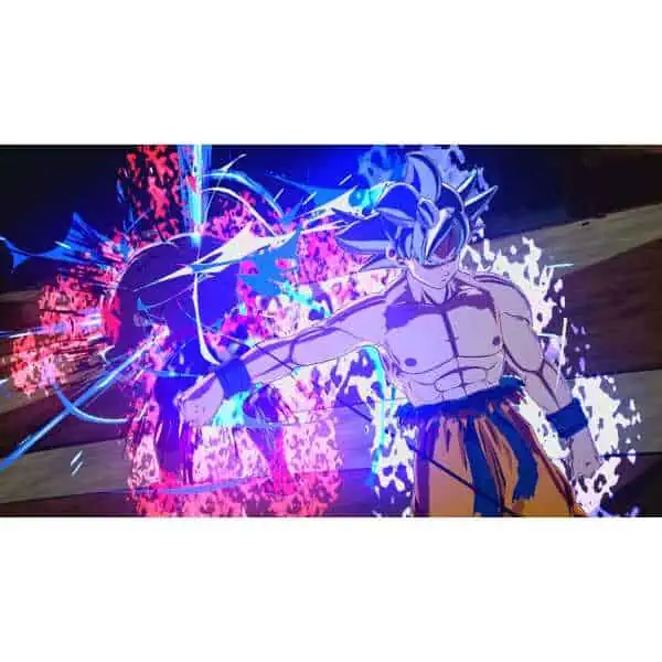 Goku Super Saiyan Blue in an intense battle scene with energy blasts.