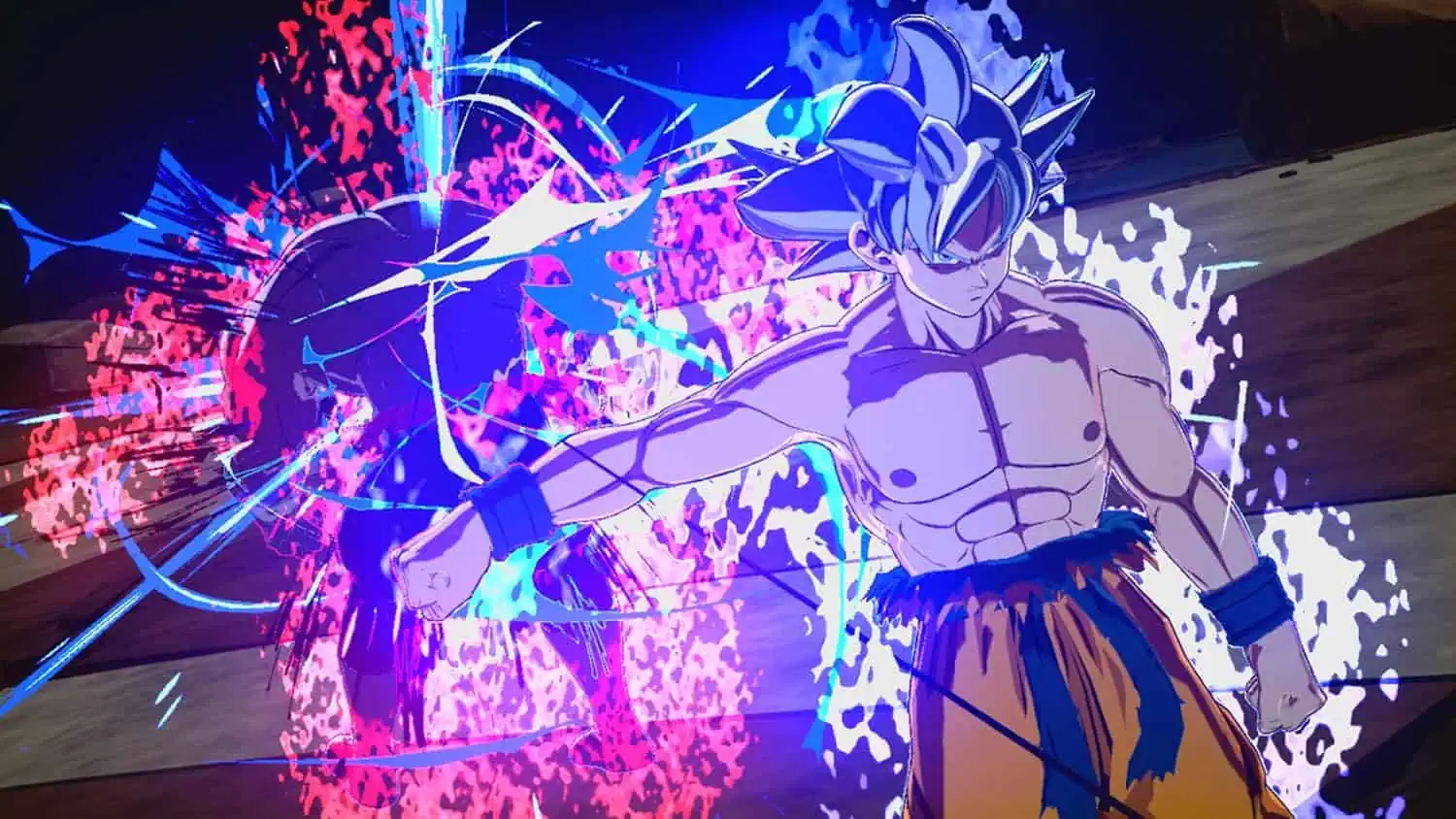 Goku Super Saiyan Blue in an intense battle scene with energy blasts.