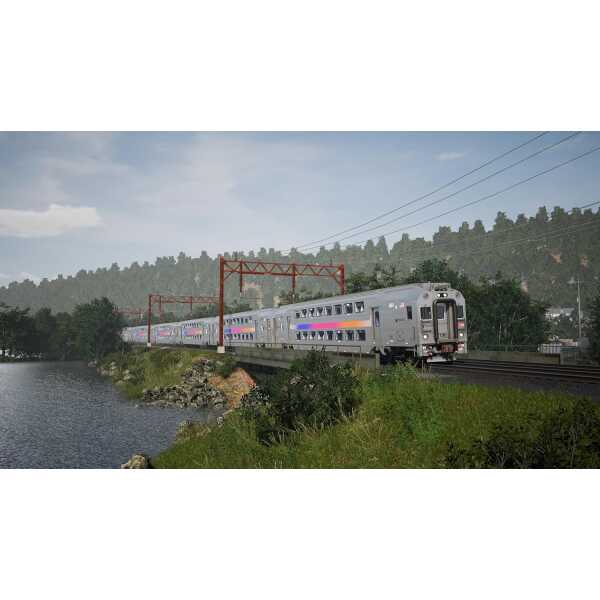 Realistic train simulation from Train Sim World 6 with detailed scenery and train models.