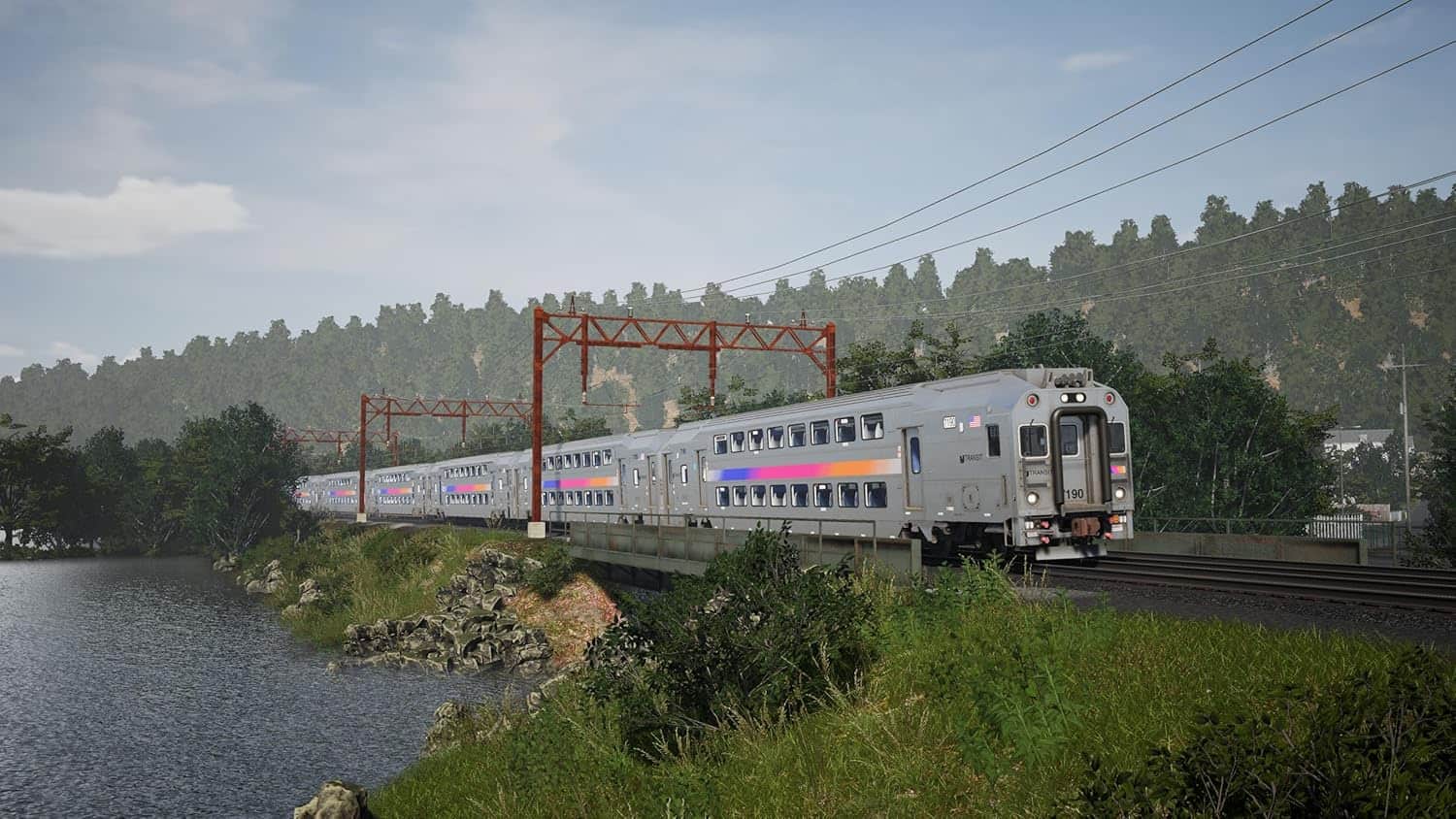 Realistic train simulation from Train Sim World 6 with detailed scenery and train models.