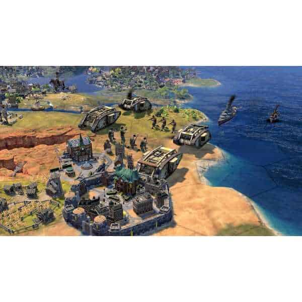 Gameplay screenshot from Sid Meier's Civilization® VII showing city development and naval units.