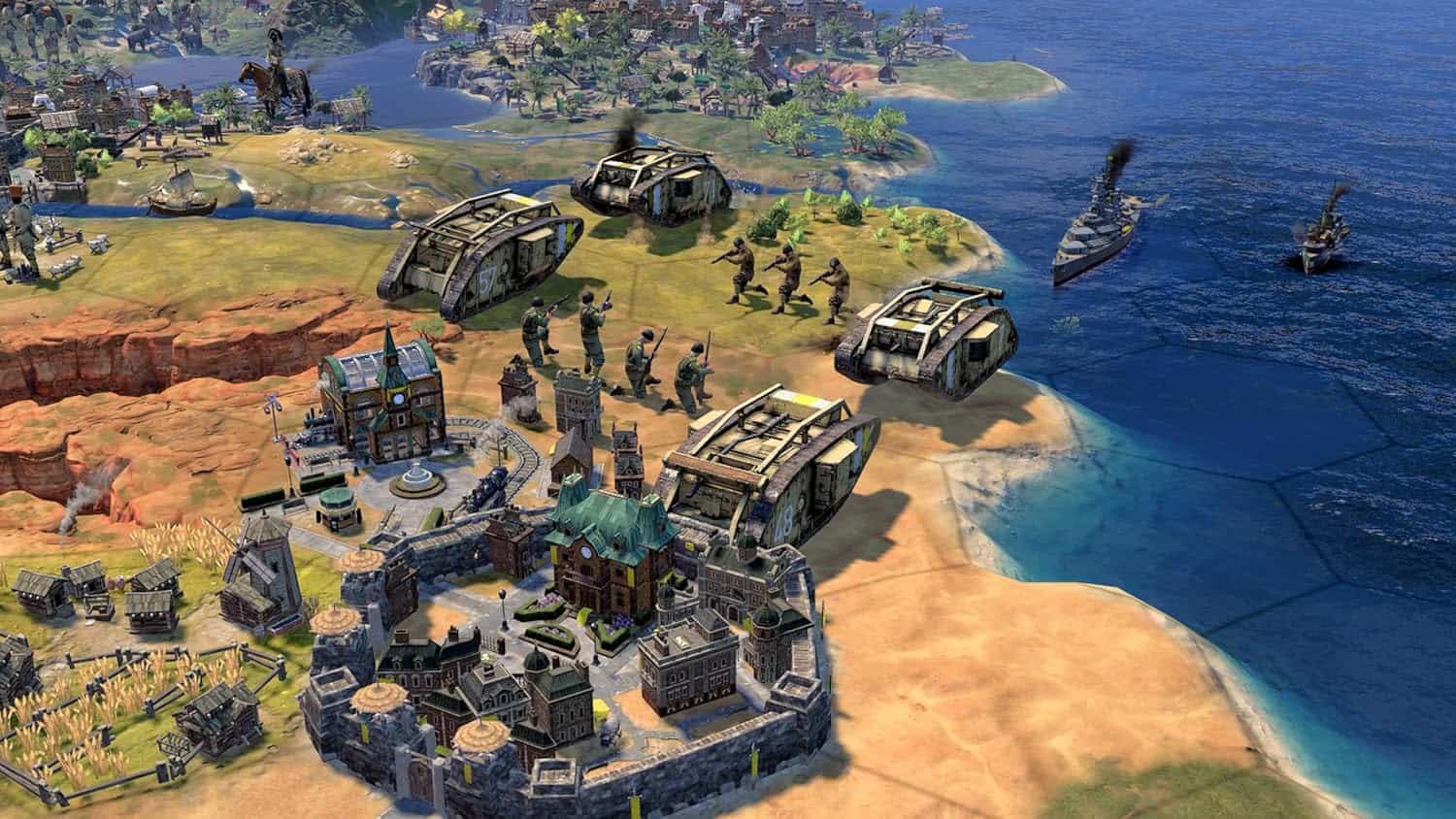 Gameplay screenshot from Sid Meier's Civilization® VII showing city development and naval units.