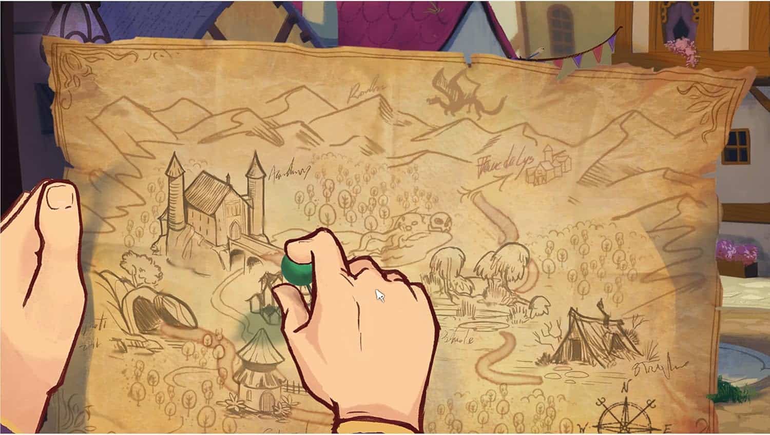 Hand holding a treasure map from Simon the Sorcerer Origins game.