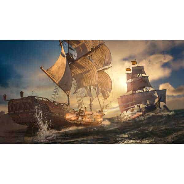 Two detailed pirate ships battling on the high seas at sunset.
