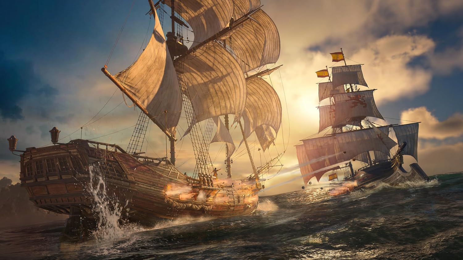 Two detailed pirate ships battling on the high seas at sunset.