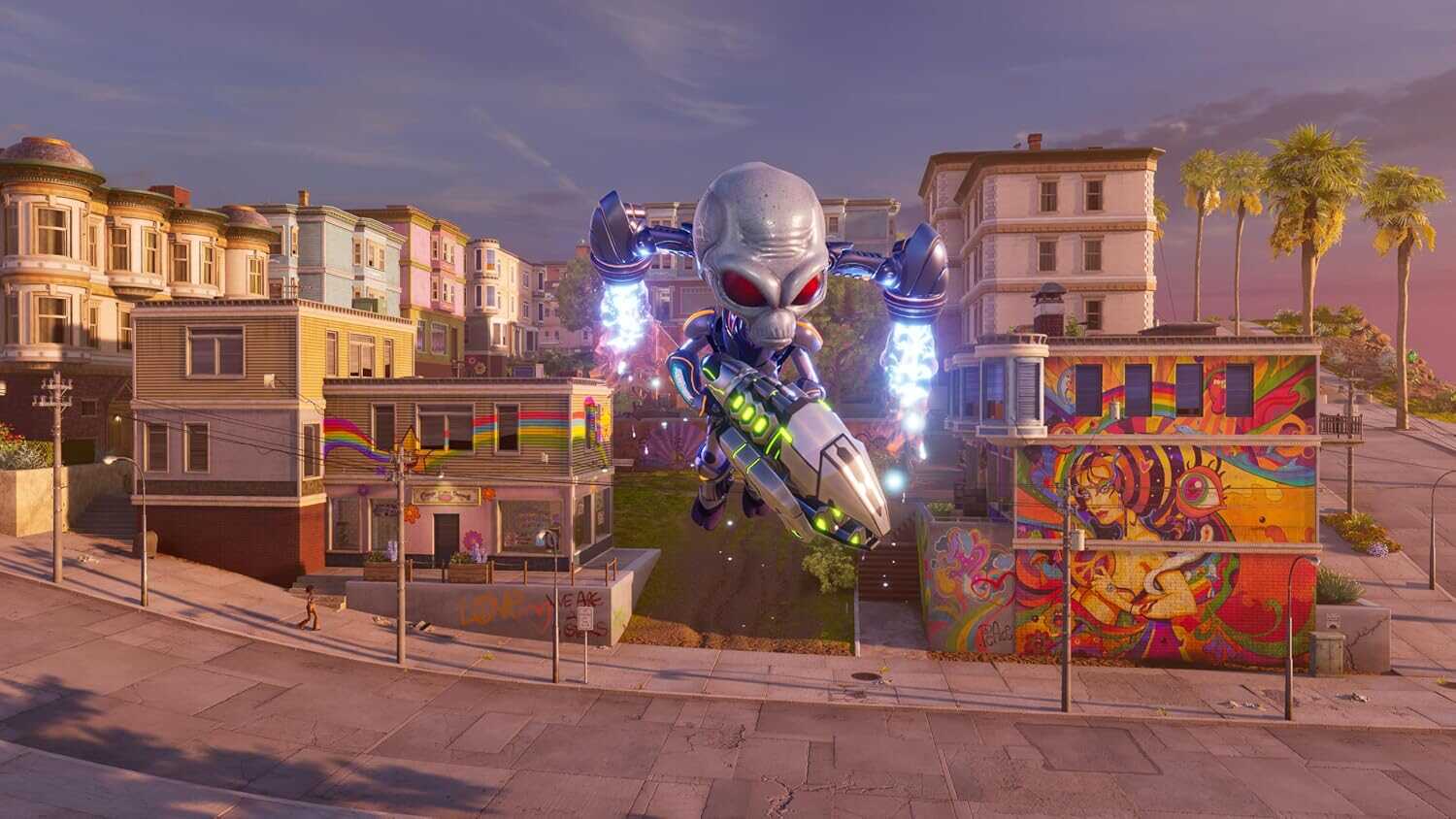 Large alien skull sculpture with electric effects in a colorful urban setting.