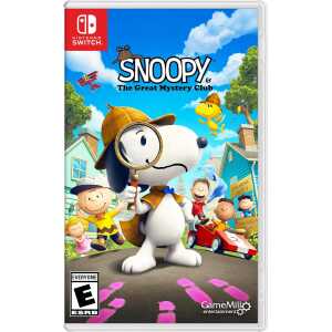 Magnifying glass over Snoopy with kids and mystery elements in colorful neighborhood scene.