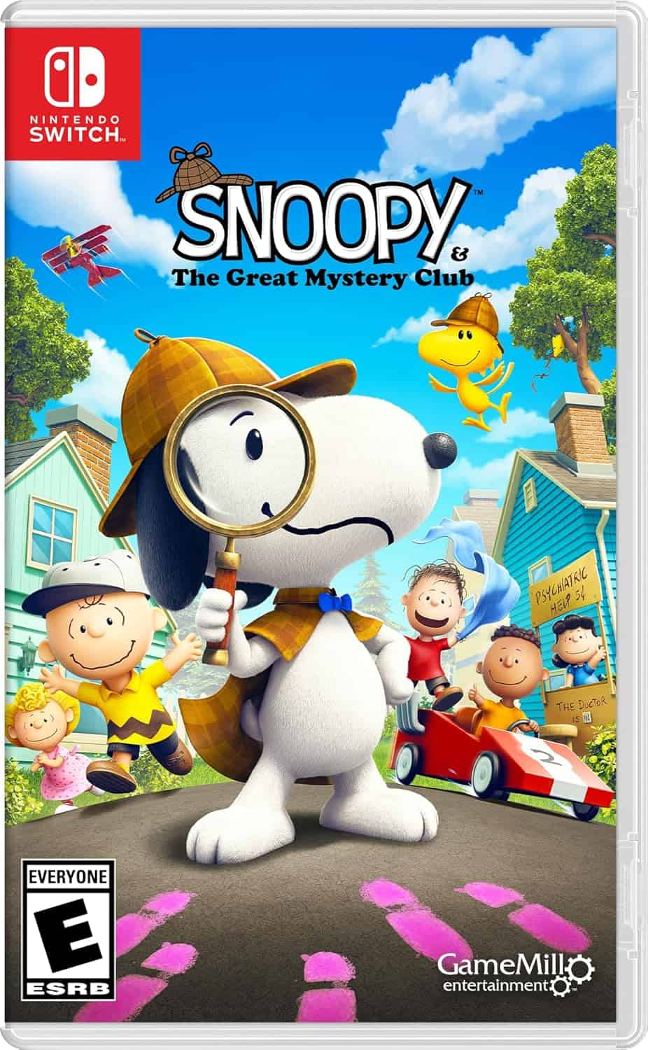 Magnifying glass over Snoopy with kids and mystery elements in colorful neighborhood scene.