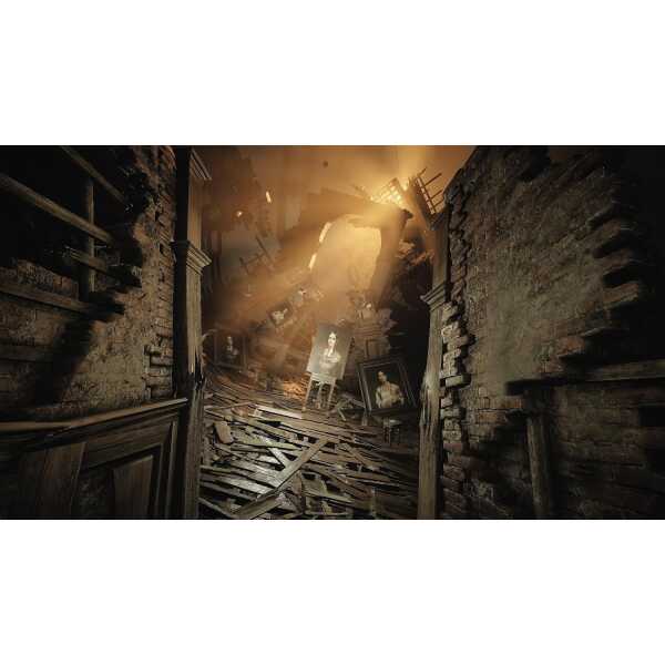 Haunted, dilapidated room with broken floor and scattered portraits from Layers of Fear.